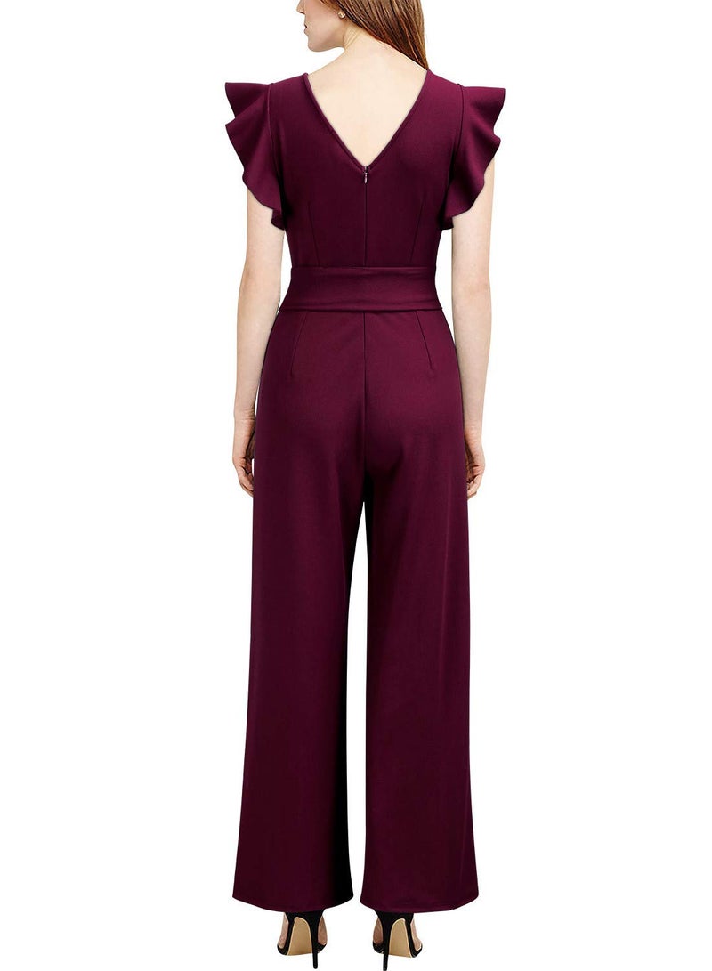 Knitee Women's Vintage Sleeveless Ruffle High Waist Wide Leg Romper Formal Long Jumpsuit with Belt (A-Burgundy, Large) - Image 2